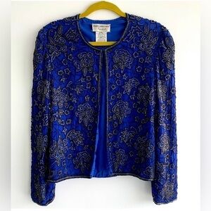 Vintage Papell Boutique evening beaded crop jacket elegant royal blue, S PL